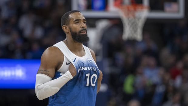 Jan 20, 2024; Minneapolis, Minnesota, USA; Minnesota Timberwolves guard Mike Conley (10) looks on against the Oklahoma City Thunder in the second half at Target Center.